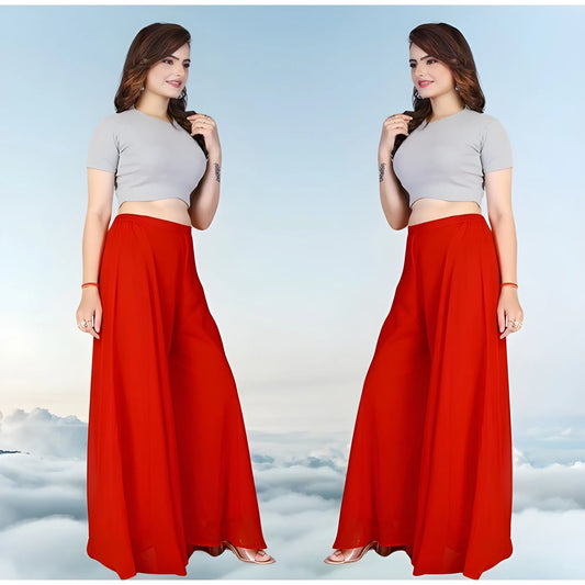 Riyana Georgette Solid High Rise Wide Leg Flared Palazzos with Elastic Waist Pack of 2