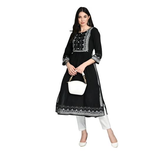 Women's Casual Rayon 3-4th Sleeves Kurti (Black)