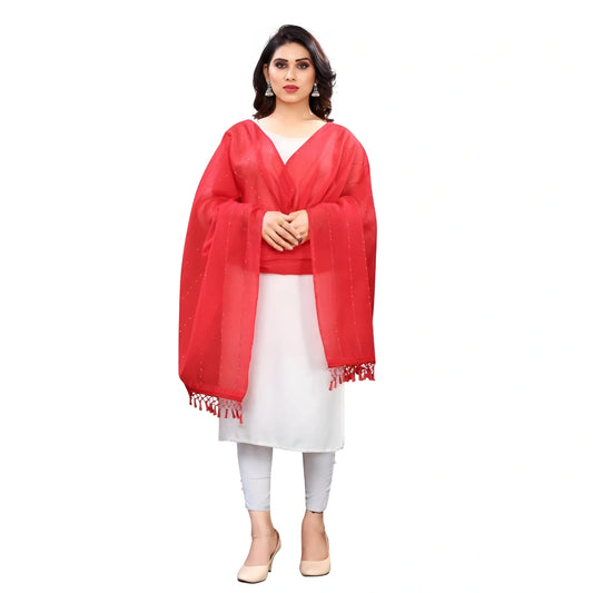 Women's Cotton Silk Strips Printed Dupatta (Red, Length:2-2.4 mtr)