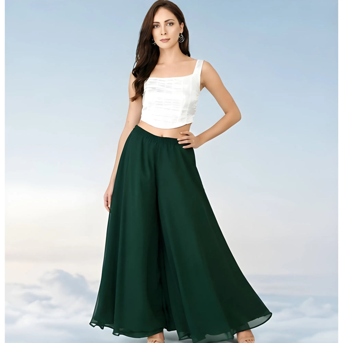 Women's Pack of 2 Georgette Solid High Rise Wide Leg Flared Palazzos with Elastic Waist (Bottle Green)