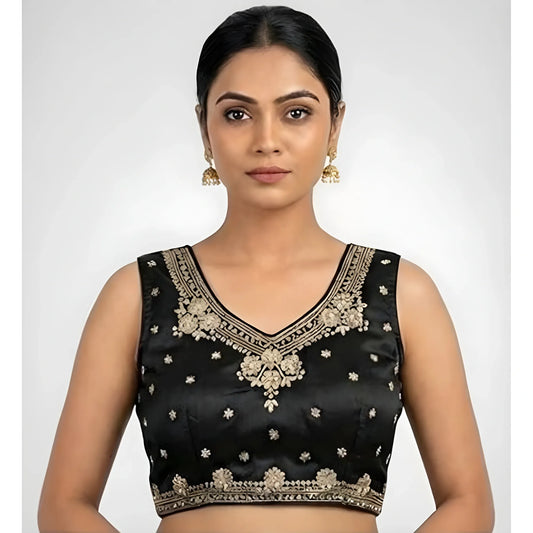 Women's Silk Embroidered V-Neck Sleeveless Readymade Padded Blouse (Black, Size 38)