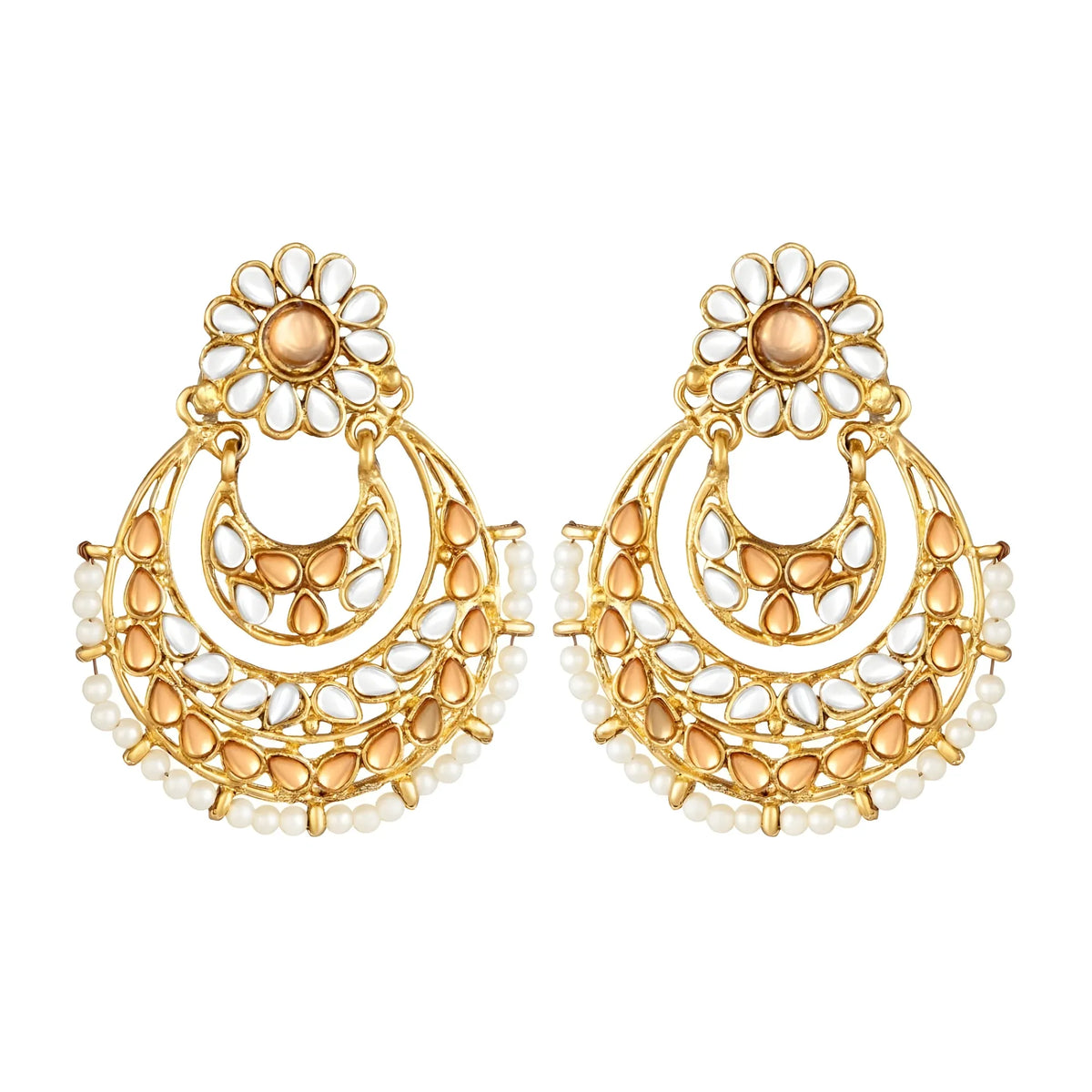 Women's Rose Gold Plated Alloy Kundan Earrings &amp; Mangtikka (White &amp; Gold)