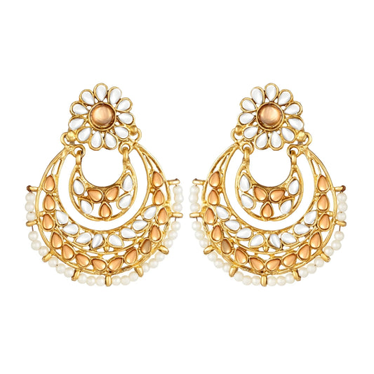 Women's Rose Gold Plated Alloy Kundan Earrings &amp; Mangtikka (White &amp; Gold)