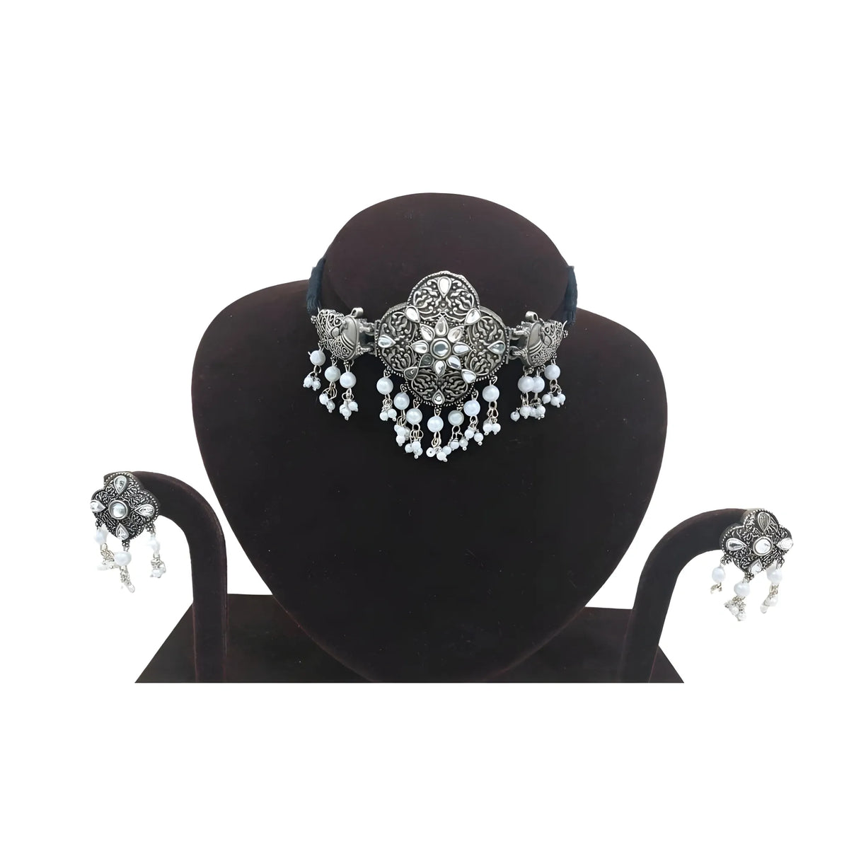 Women's Rose Gold Plated Alloy Necklace &amp; Earings Set (Silver &amp; White)