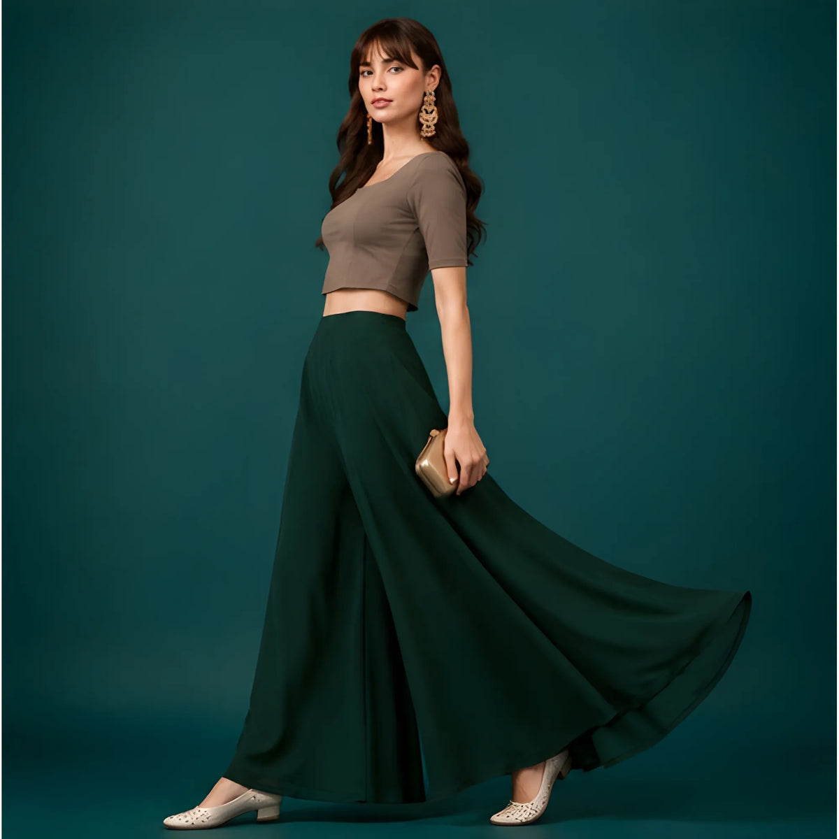 Women's Georgette Solid Mid-Rise Wide Leg Flared Palazzo with Elastic Waist (Bottle Green)