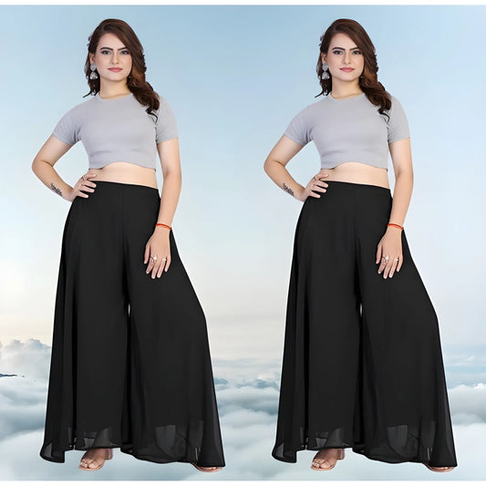 Women's Pack of 2 Georgette Solid High Rise Wide Leg Flared Palazzos with Elastic Waist (Black)