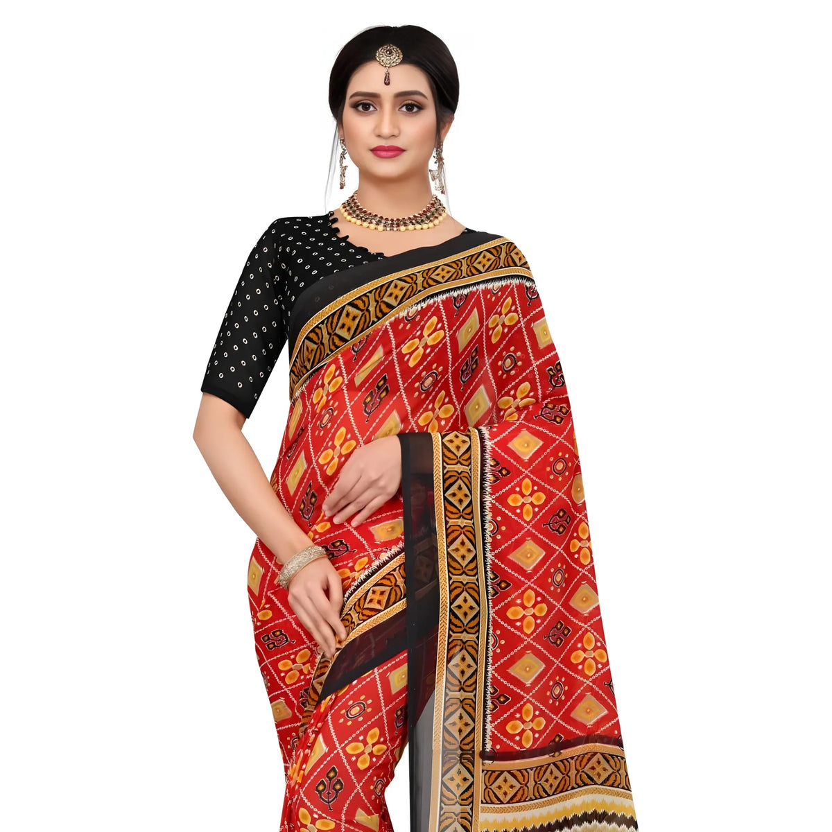 Women's Georgette Floral Print Saree With Unstitched Blouse 5.5Mtr (Red)