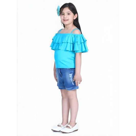 Girl's Rayon Solid Cold Shoulder Top With Shorts (blue) | Kids Signature Collection