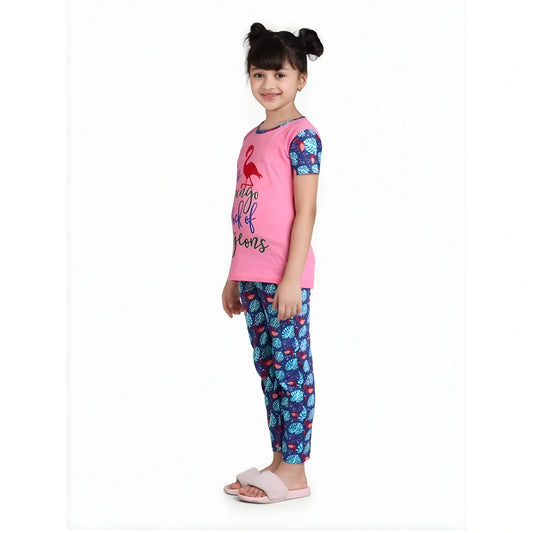 Girl's Cotton Hosiery Printed Night Suit Set (pink Blue) | Kids Signature Collection
