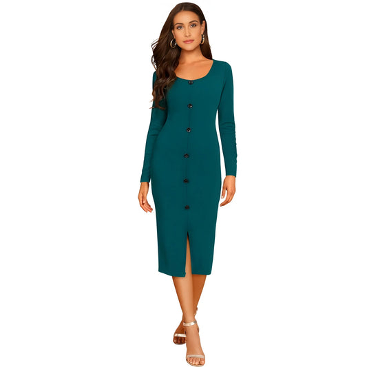Women's Knitting stretchable Round Neck Full Sleeve Dress (Morpich )