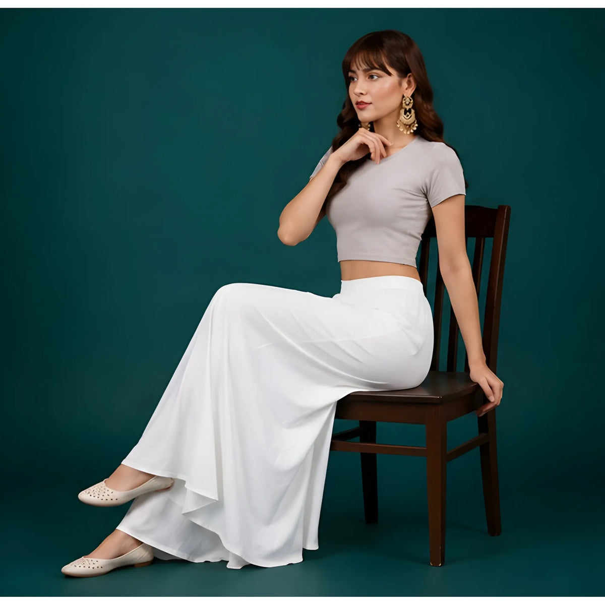 Women's Georgette Solid Mid-Rise Wide Leg Flared Palazzo with Elastic Waist (White)