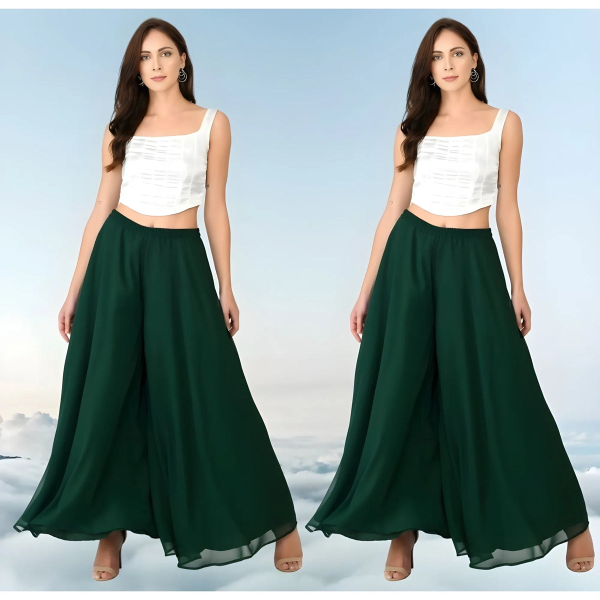Women's Pack of 2 Georgette Solid High Rise Wide Leg Flared Palazzos with Elastic Waist (Bottle Green)