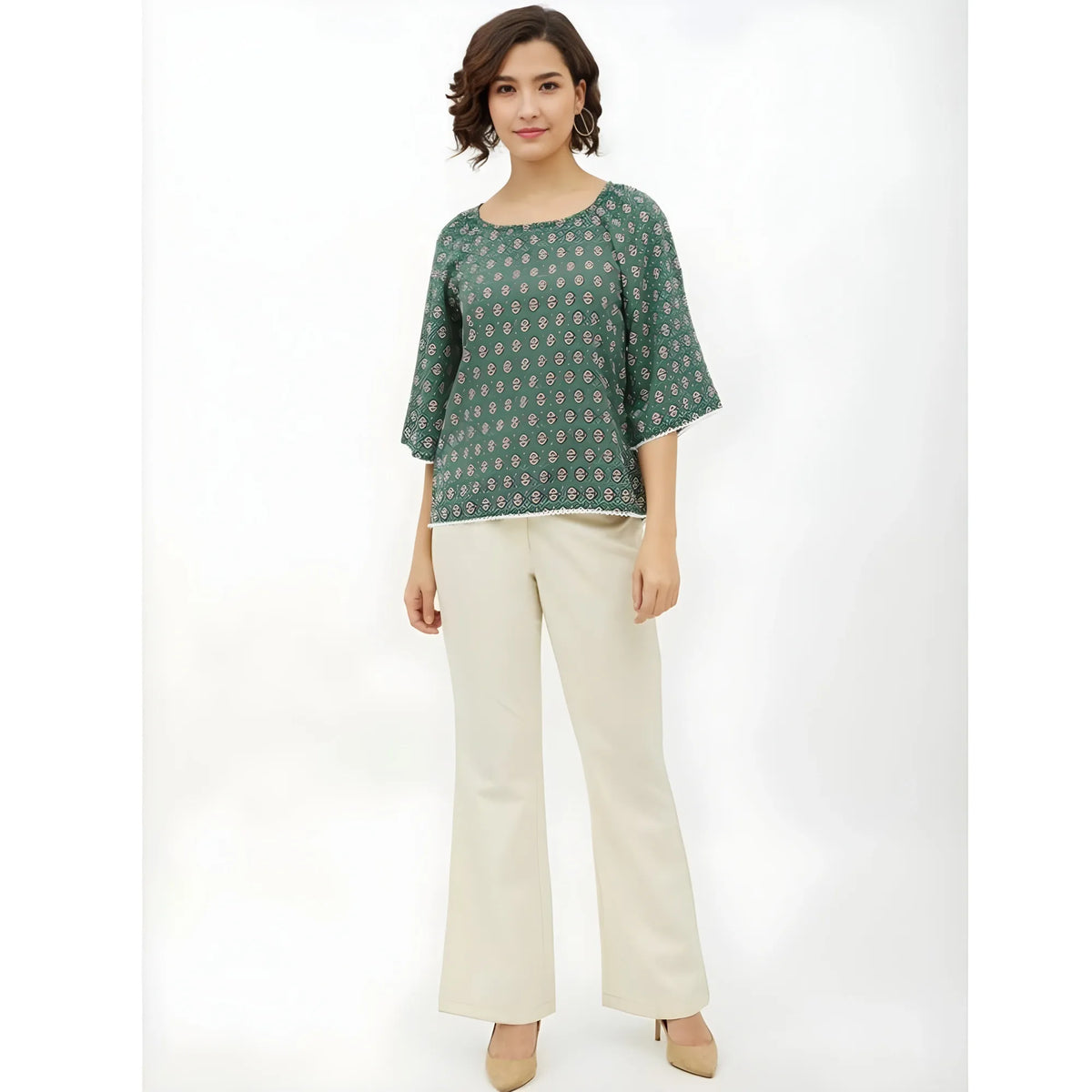 Women's Polyester Printed 3-4th Sleeves Top (Green)