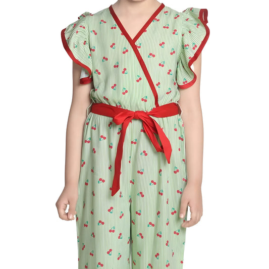 Girl's Rayon Printed Flutter Jumpsuit (green) | Kids Signature Collection